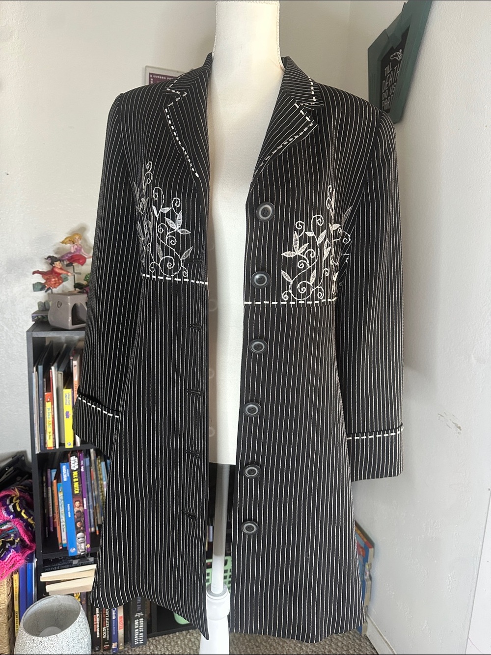 Oh Girl Size S/M Black Pinstripe Long Blazer Coat with White Embroidery Y2K